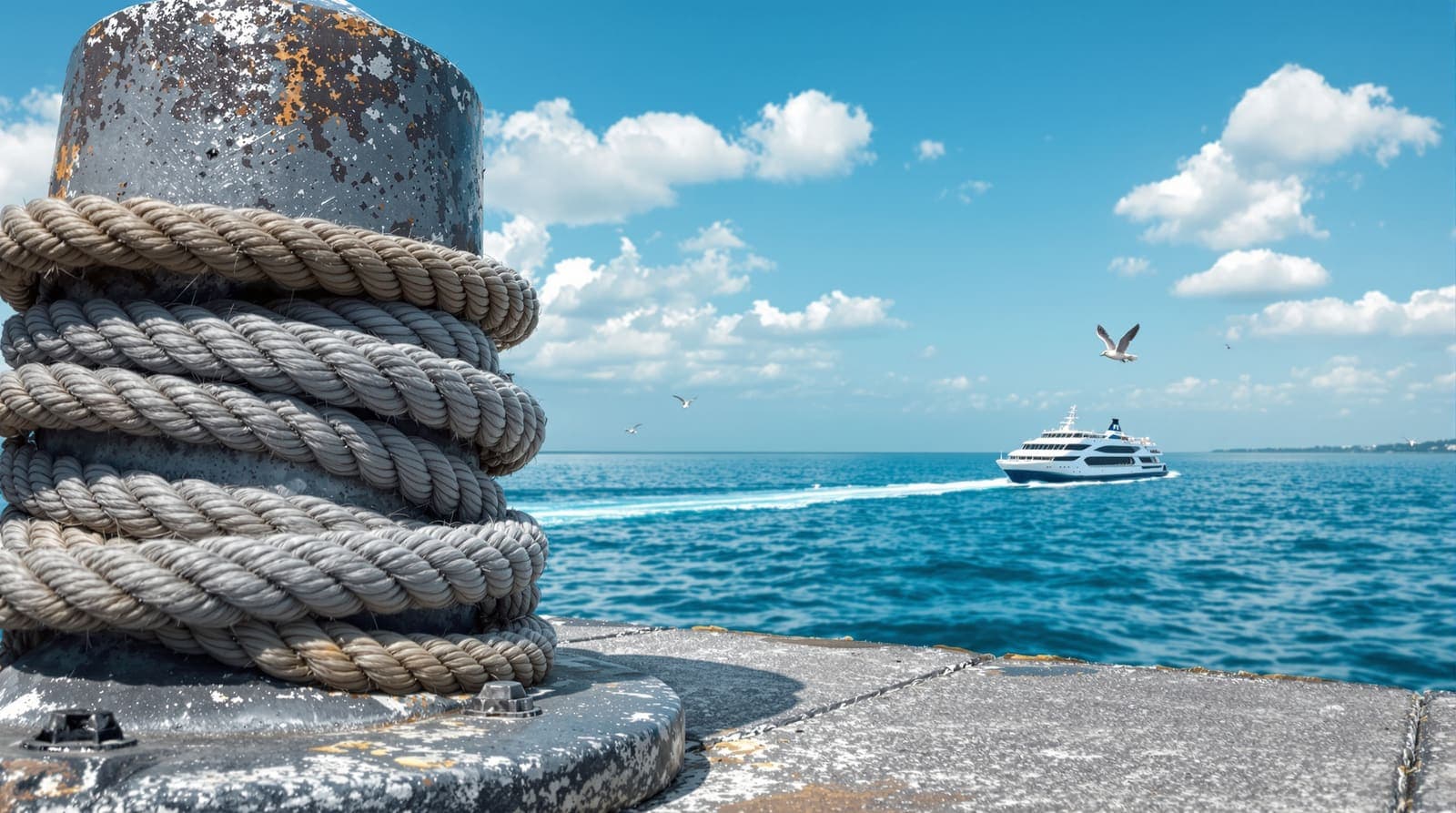 Illustration of a harbour bollard and mooring rope with a small white ferry crossing open water far beyond.