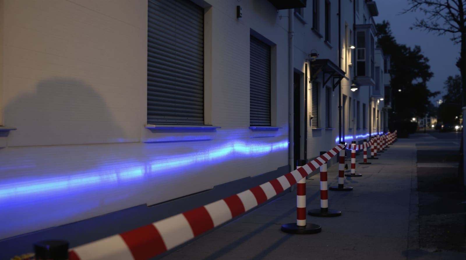 Illustration of a cordoned-off residential street at dusk washed in blue emergency light from beyond the frame.