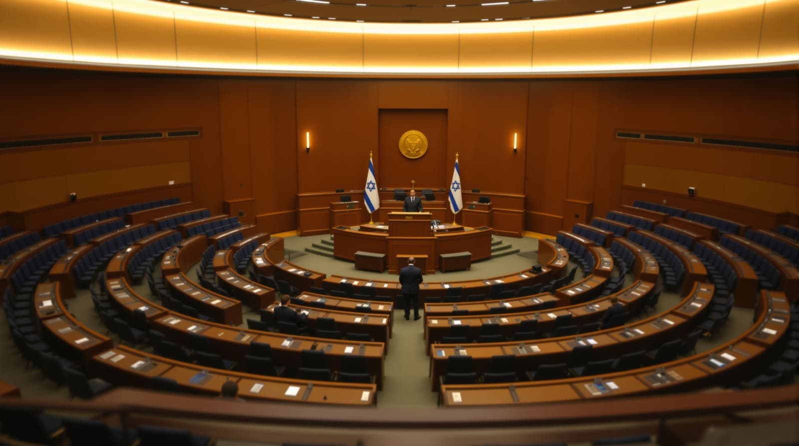 Illustration of an empty parliamentary chamber with curved rows of blue seats and Israeli flags, seen from the gallery.