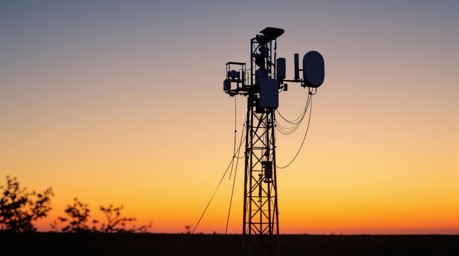 Illustration of a surveillance mast fitted with camera pods and radar sensors overlooking open terrain at dusk.