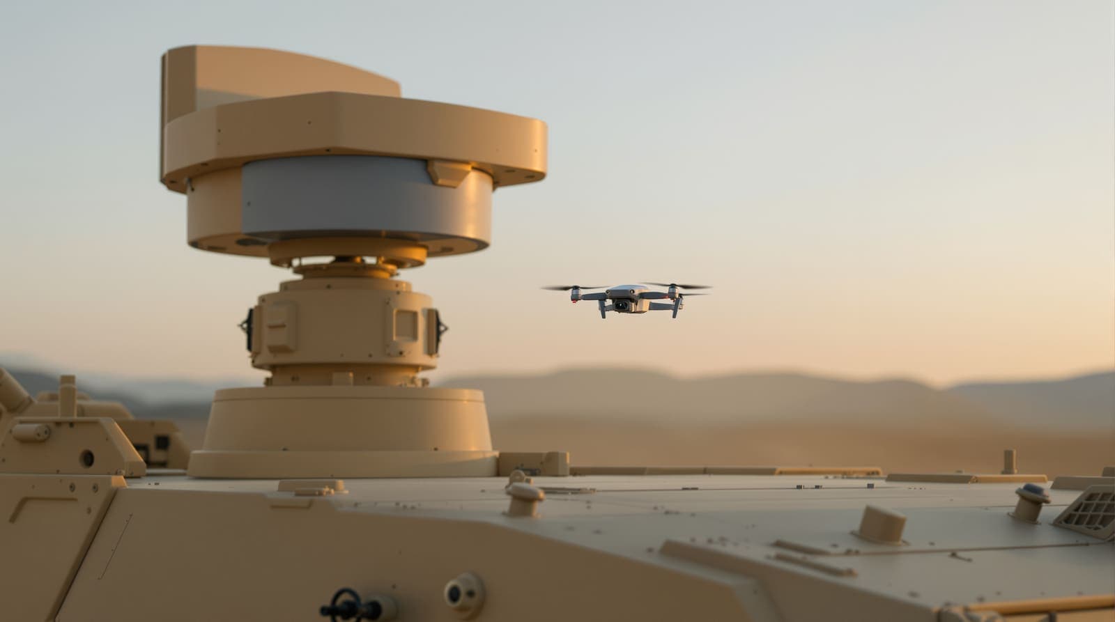 Illustration of a quadcopter drone hovering over a desert test range while an armored vehicle's sensor turret tracks it.