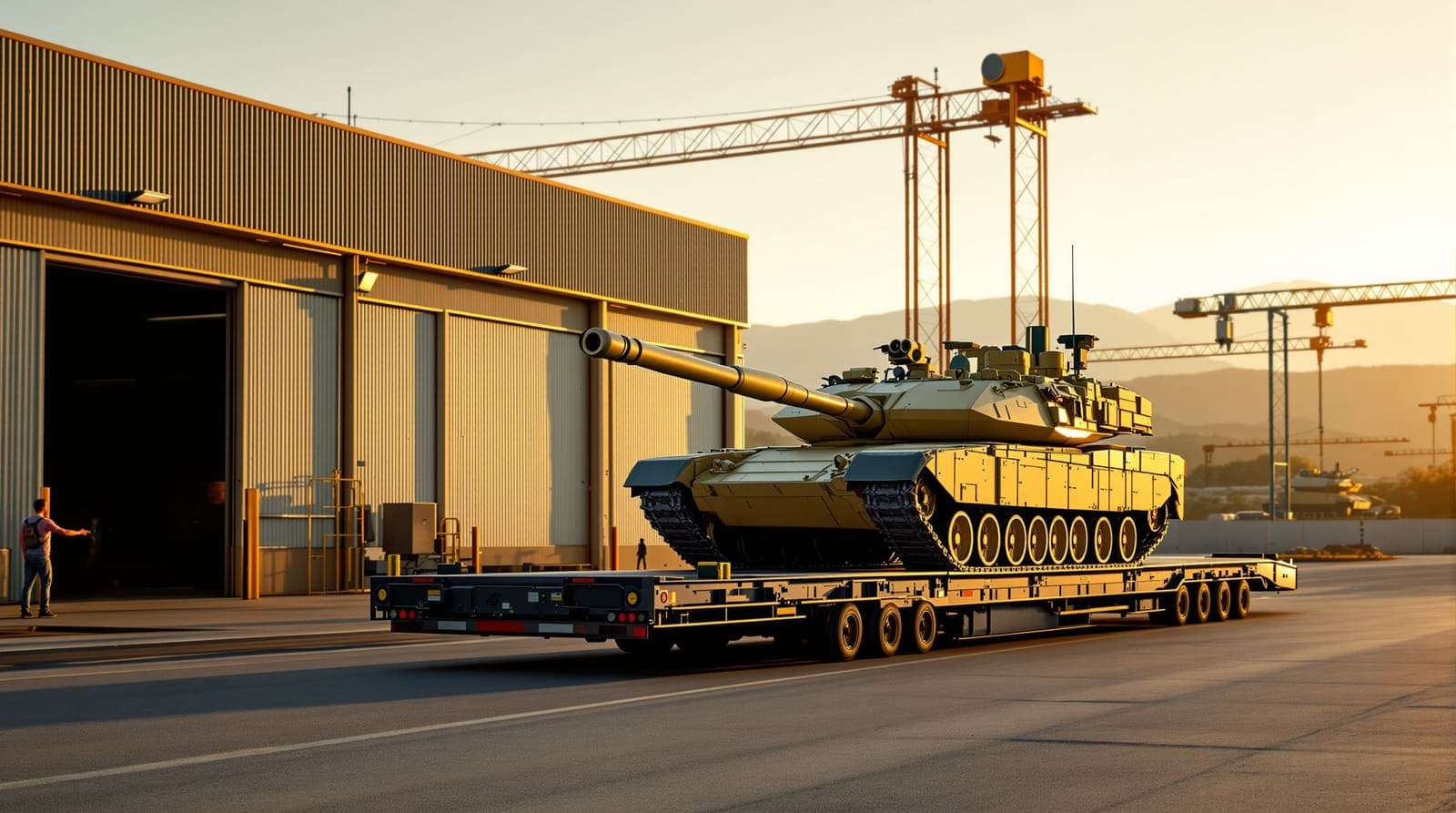 Illustration of a battle tank carried on a low-loader truck leaving a factory yard at golden hour.