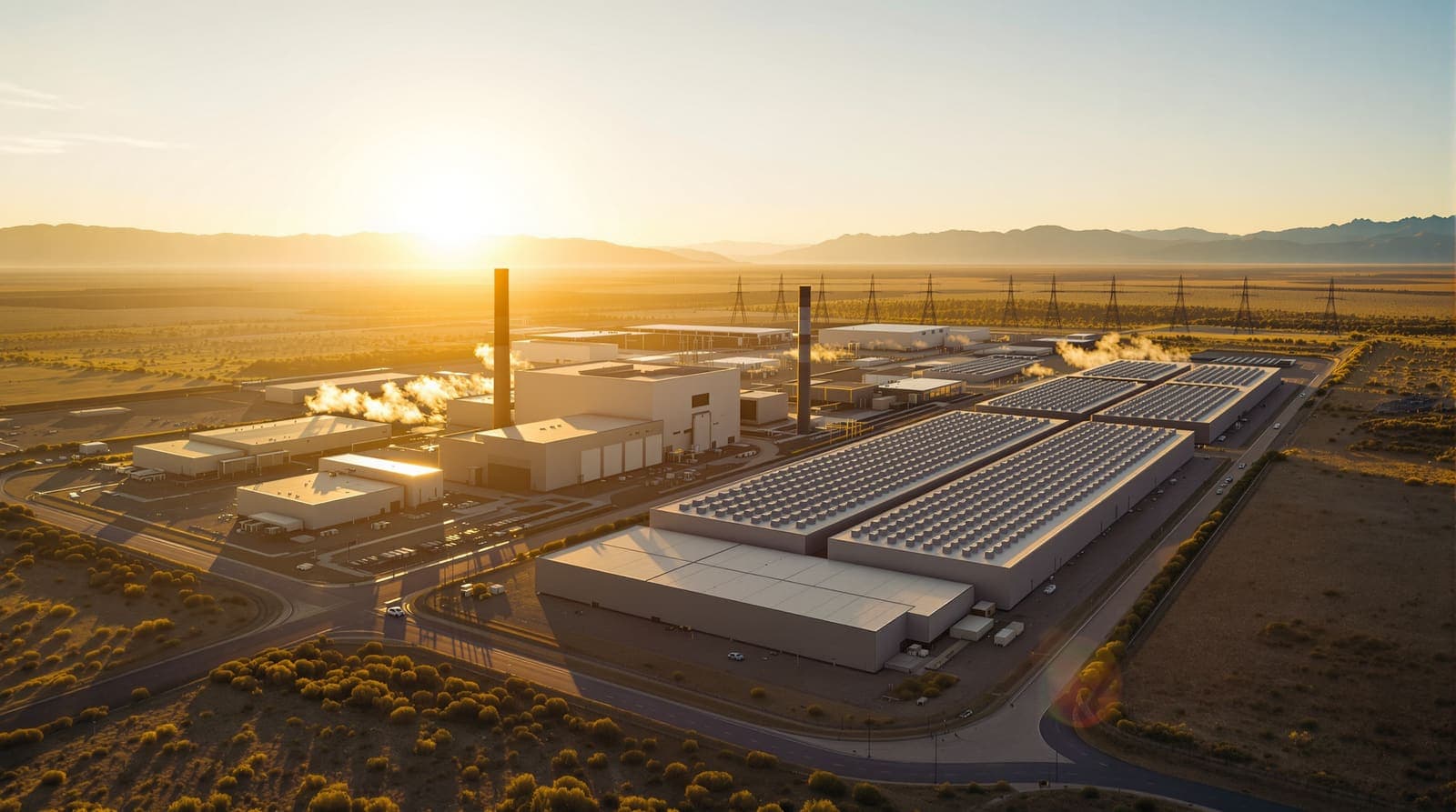 Illustration of an aerial view of a large data centre campus with an adjacent gas-fired power plant and transmission lines in desert scrubland.
