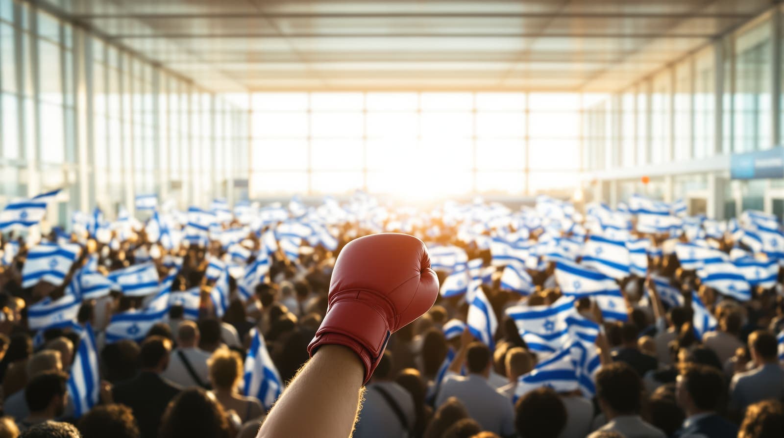 Illustration of a crowd waving Israeli flags in an airport arrivals hall with a pair of red boxing gloves raised above the heads, representing the young kickboxer's homecoming.