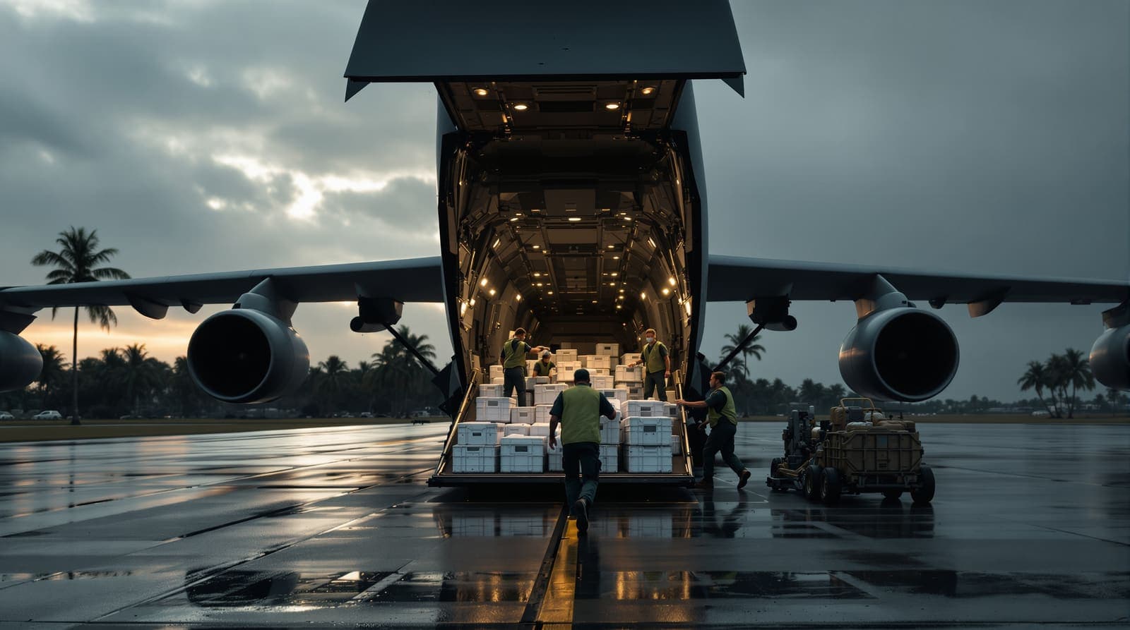Illustration of medics seen from behind loading supply crates onto a cargo aircraft under an overcast sky.