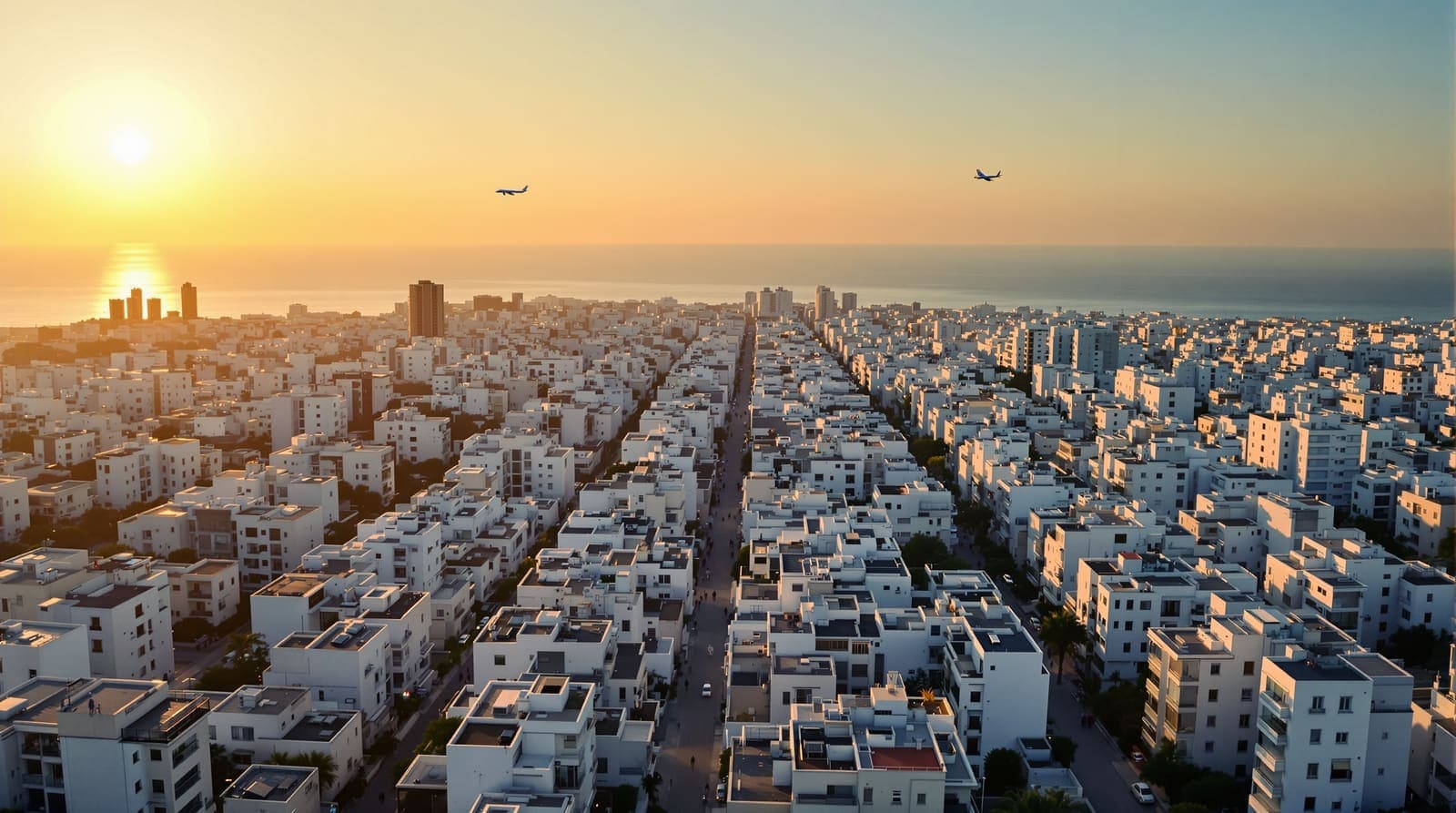 Illustration of a passenger jet climbing above a dense Israeli cityscape of apartment blocks at golden hour.