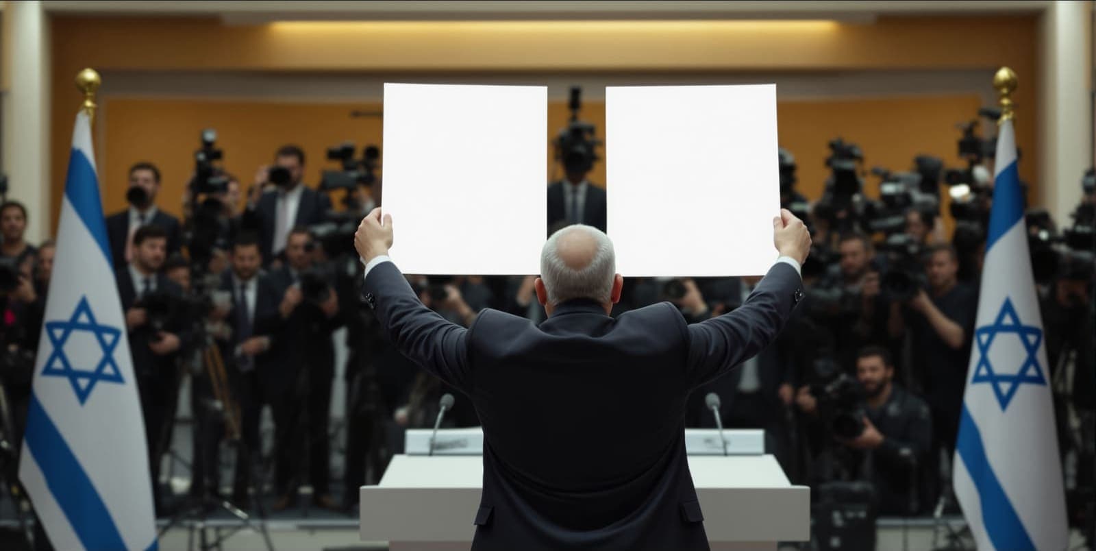 Illustration of a speaker seen from behind holding up photo prints toward rows of press cameras beside an Israeli flag.