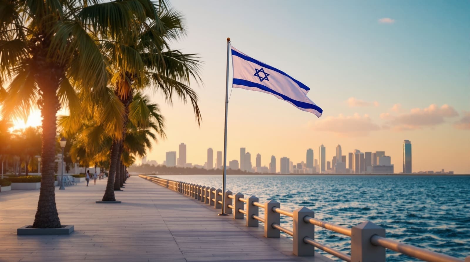 Illustration of an Israeli flag at mid-distance on a palm-lined Biscayne Bay promenade, the Miami skyline soft in golden haze across the water.