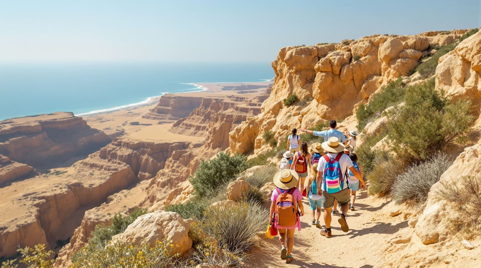 Illustration of a guided tour group seen from behind walking toward a clifftop overlook above a desert canyon.