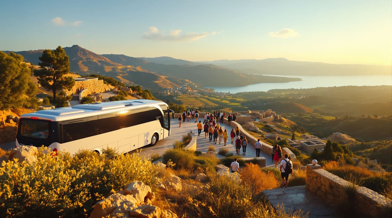 Illustration of tour buses parked at a scenic overlook while visitors walk a stone path toward ancient ruins in autumn light.