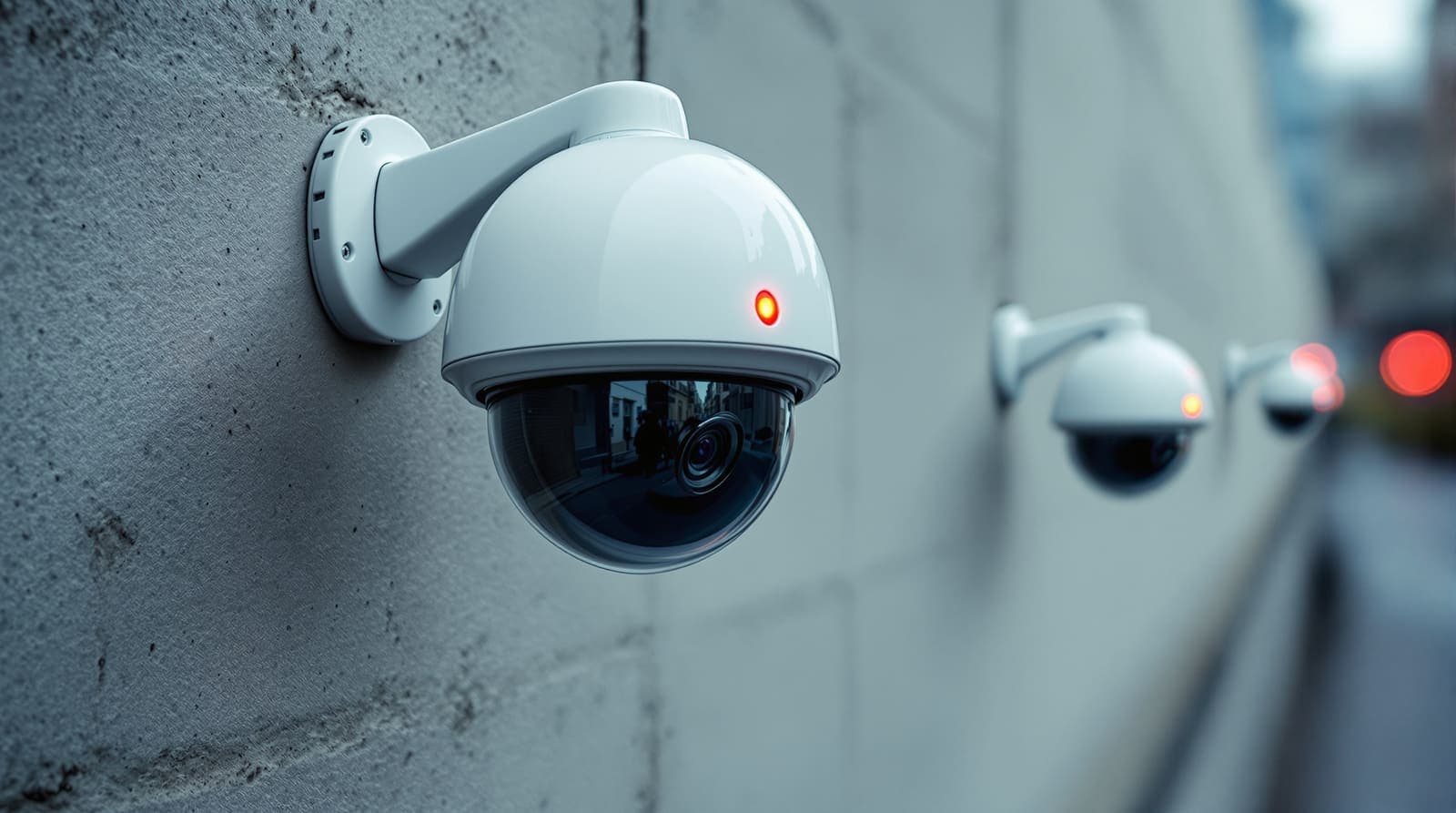 Illustration of a dome surveillance camera with a glowing red light mounted on a concrete wall, with more cameras in the background.