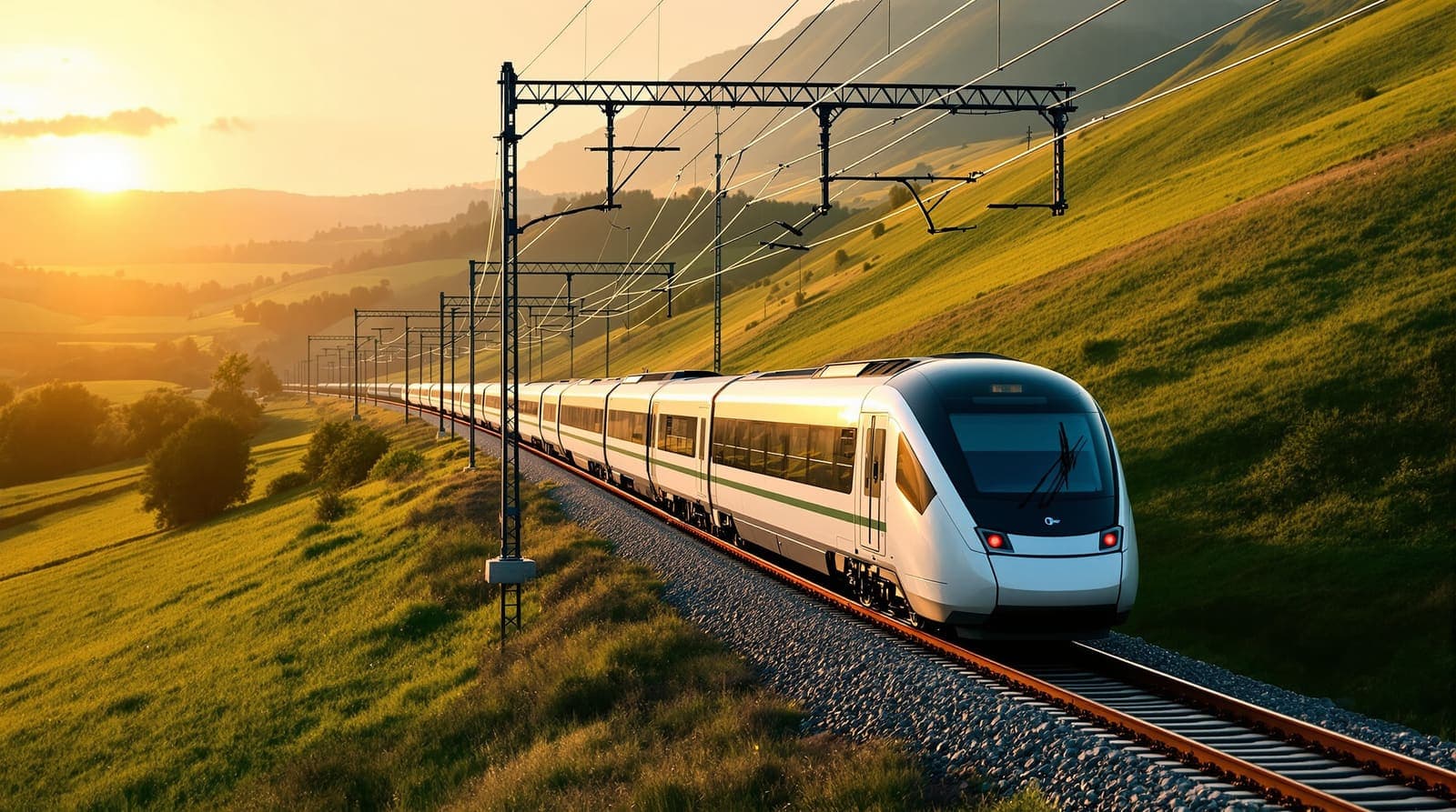 Illustration of an electric train seen side-on beneath a row of catenary masts and a single overhead wire in a green valley at golden hour.