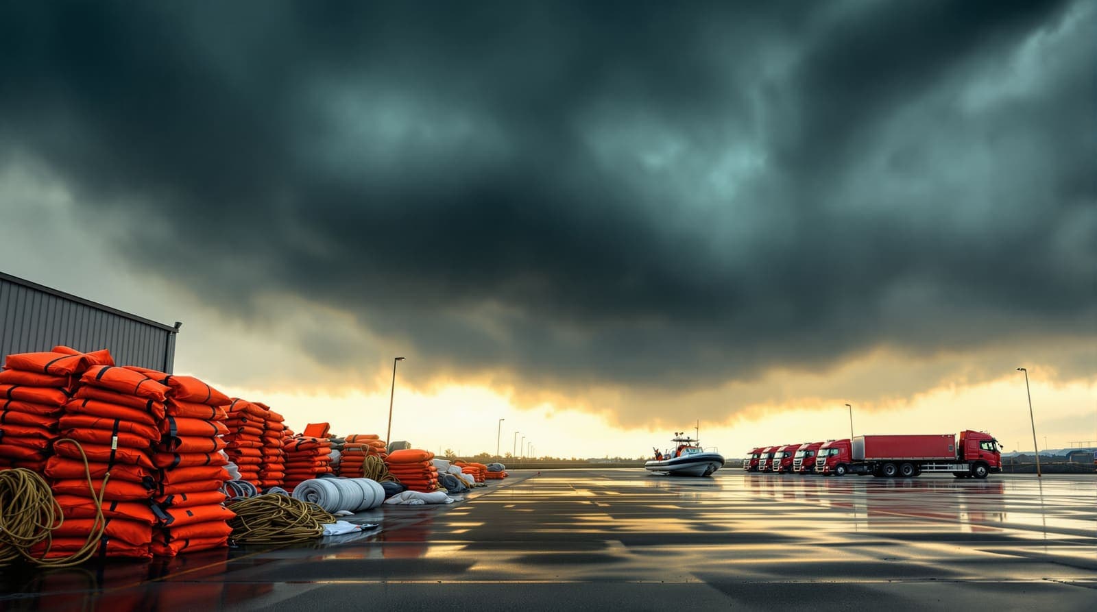 Illustration of stacked life vests and coiled rope on wet tarmac under storm clouds, a rescue boat and red trucks blurred side-on in rain far behind.