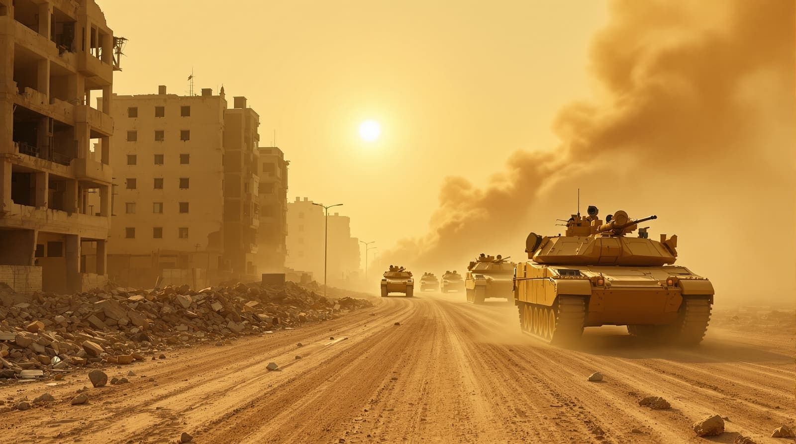 Illustration of a column of armoured vehicles crossing side-on through thick dust in the middle distance below a damaged Gaza skyline.