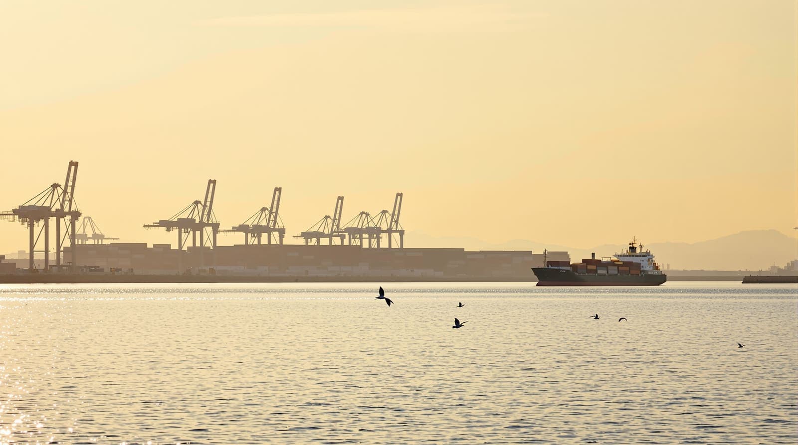 Illustration of a distant container terminal at golden hour, with silhouetted gantry cranes and hazy stacks of containers seen across calm harbor water.