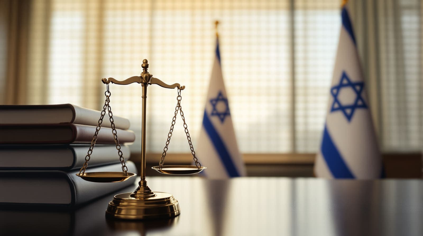 Illustration of bronze scales of justice and leather-bound volumes on a desk, with an Israeli flag soft in the background.