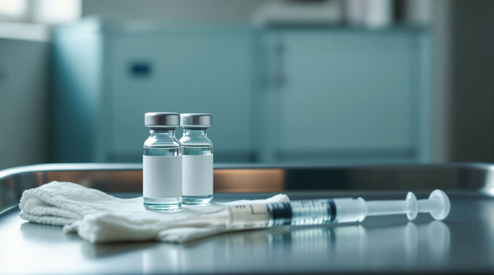Illustration of vaccine vials and a syringe on a stainless-steel tray in a clinic.