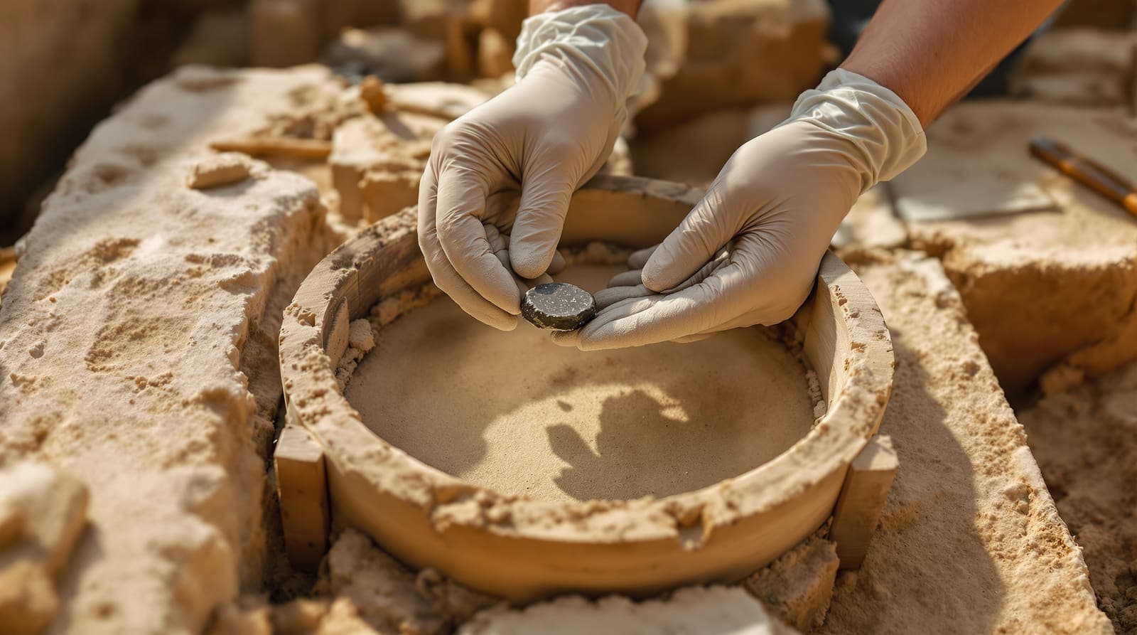 Illustration of gloved hands holding a tiny clay seal fragment over a sieve at an archaeological excavation trench in Jerusalem.