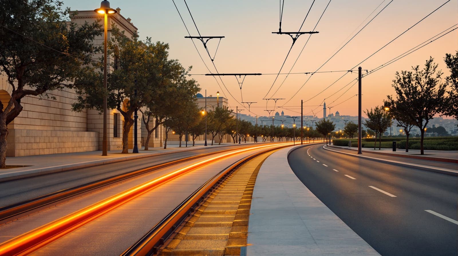 Illustration of empty light-rail tracks and overhead wires curving down a limestone-lined Jerusalem boulevard at dusk.