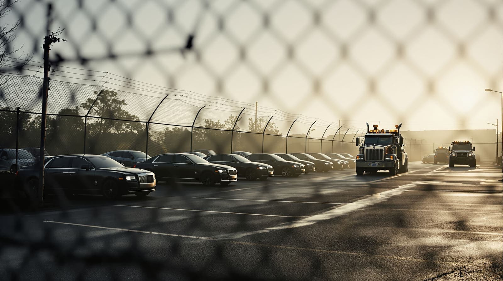 Illustration of rows of dark luxury sedans seen side-on in a hazy fenced impound yard at dawn, a tow truck blurred at its far edge.