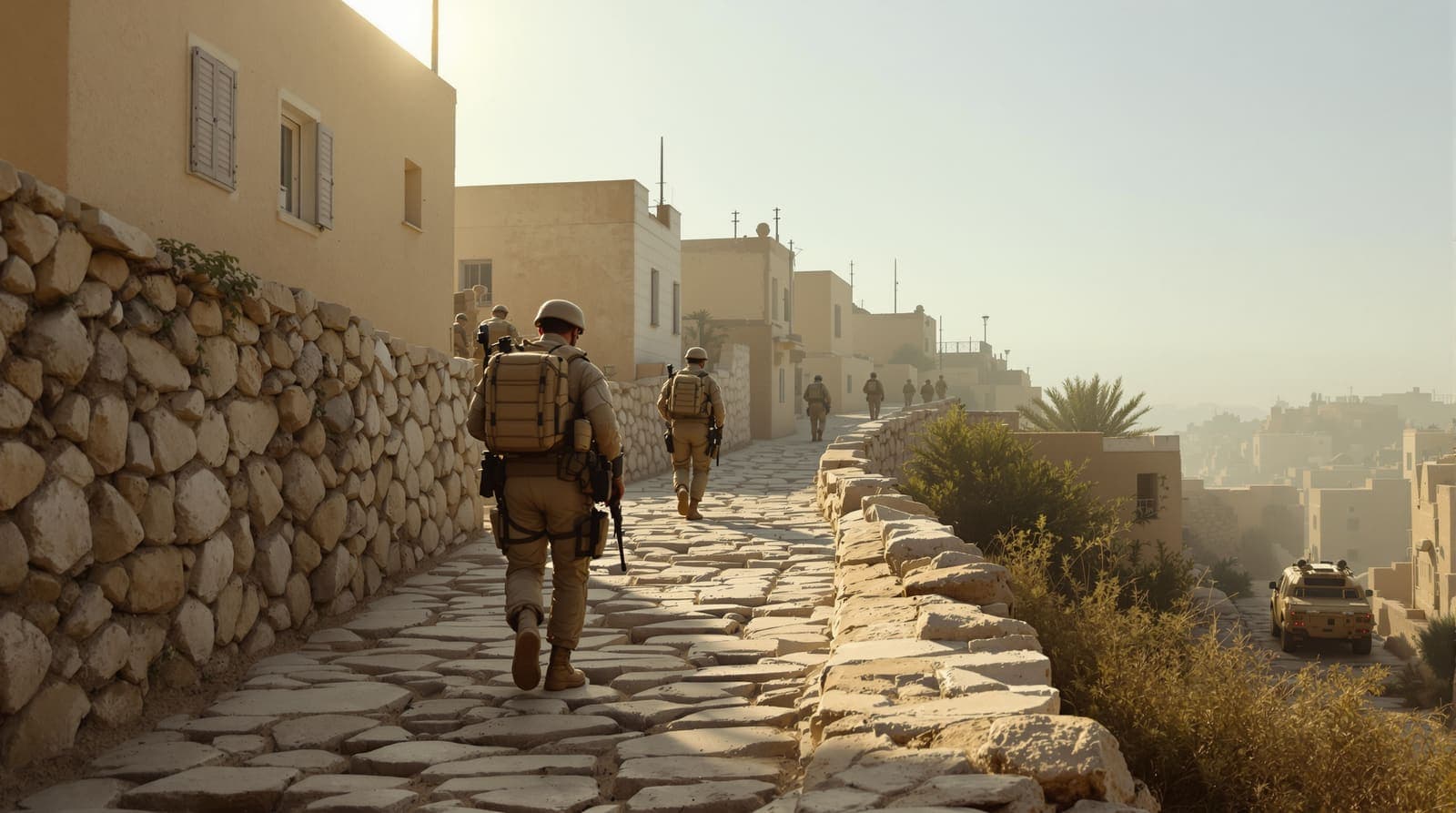Illustration of distant silhouetted soldiers climbing a stone lane in a hillside village at dawn, with armored vehicles small in the haze below.