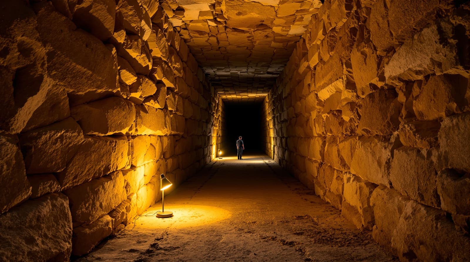Illustration of a rough hand-quarried limestone tunnel lit by a single work lamp, with a distant silhouetted archaeologist down the passage.