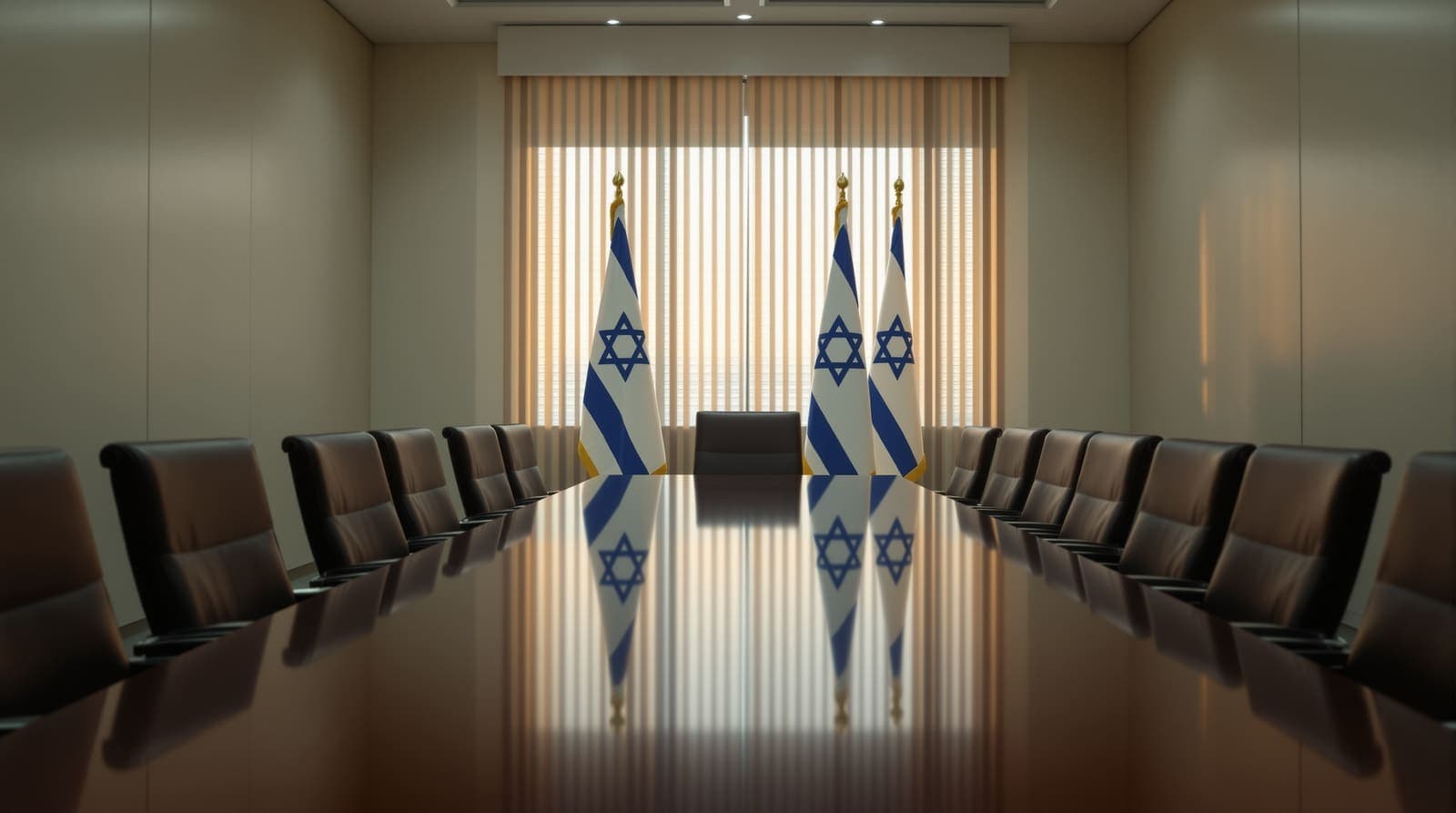 Illustration of an empty government briefing room with Israeli flags behind a vacant chair at the head of a long conference table.