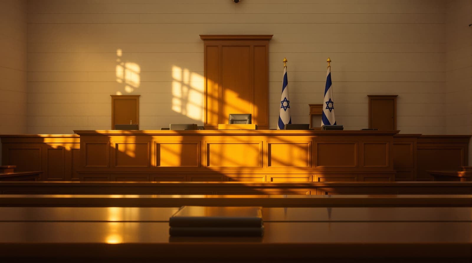 Illustration of an empty Israeli courtroom in golden light, with a judges' bench, an Israeli flag and a closed folder.