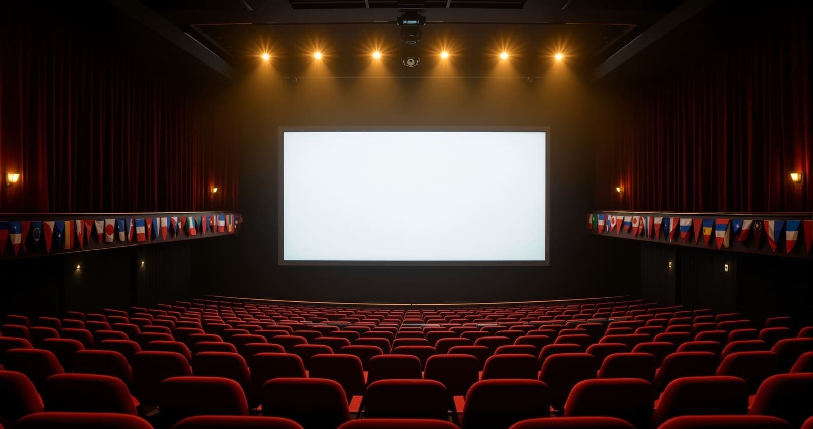 Illustration of an empty cinema hall with a projector beam crossing rows of red seats toward a plainly glowing screen.