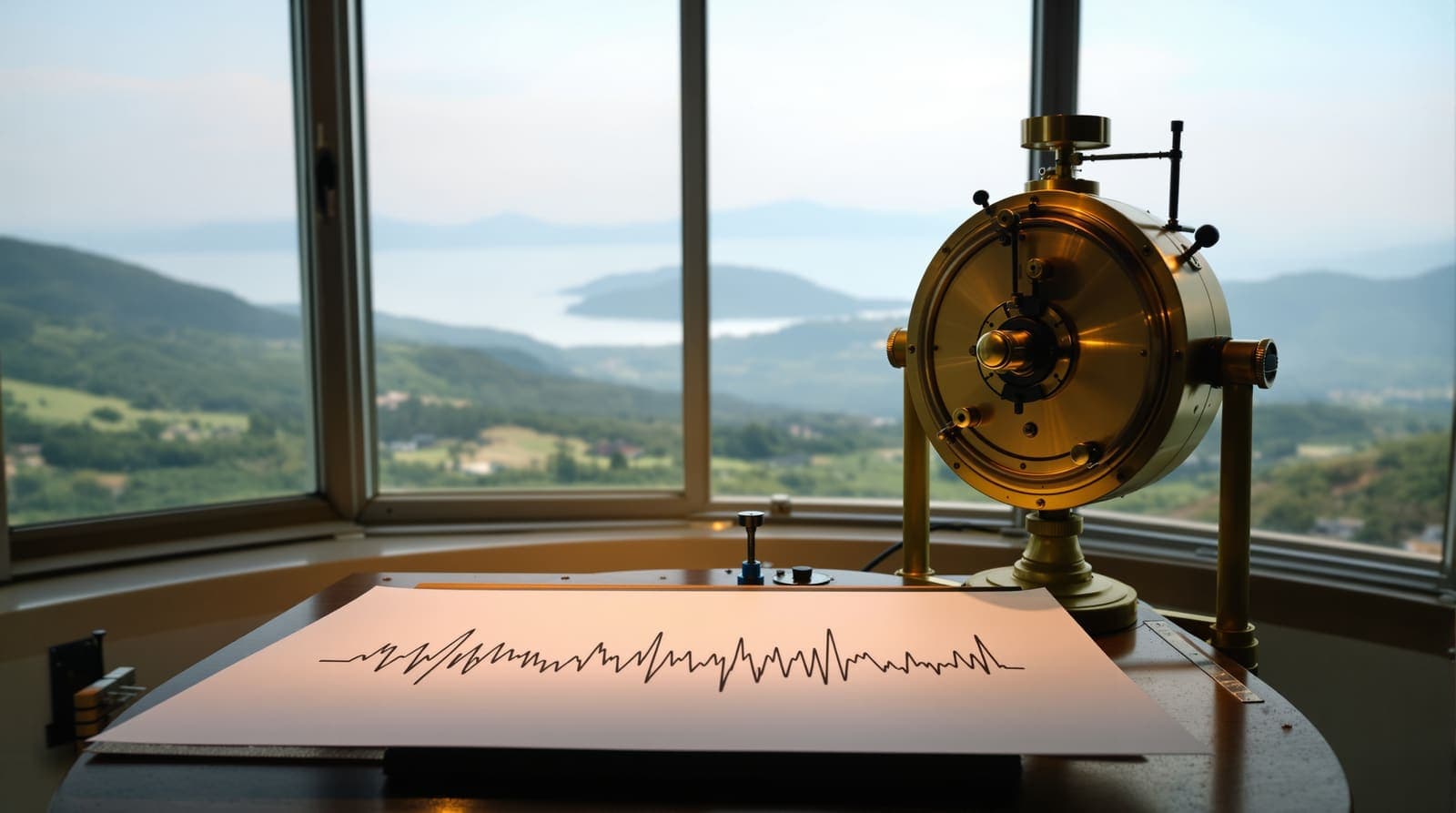 Illustration of a seismograph drum recording a jagged earthquake waveform, with Galilee hills and the Sea of Galilee visible through a window.