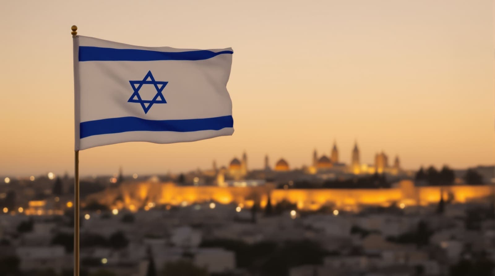 Illustration of an Israeli flag waving before a softly blurred dusk skyline of Jerusalem's Old City, evoking Tisha B'Av and a call for national unity.