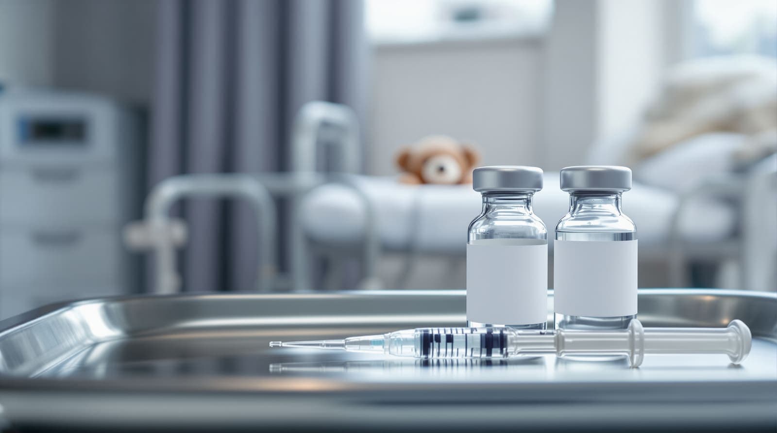 Illustration of vaccine vials and a capped syringe on a clinic tray, with an empty child's cot and plush bear softly blurred behind.