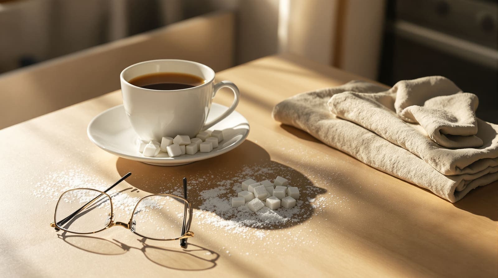 Illustration of a kitchen table with sugar cubes on a saucer beside an untouched cup of tea and folded reading glasses.