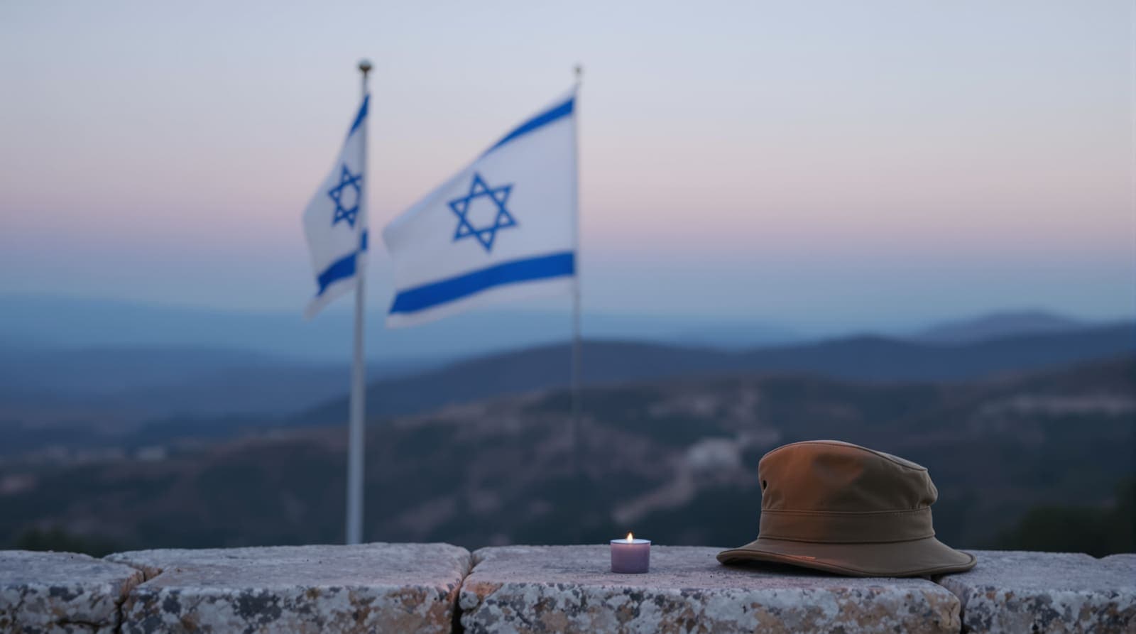 Illustration of an Israeli flag at half-mast above a combat helmet, a brown beret and a lit memorial candle resting on stone.