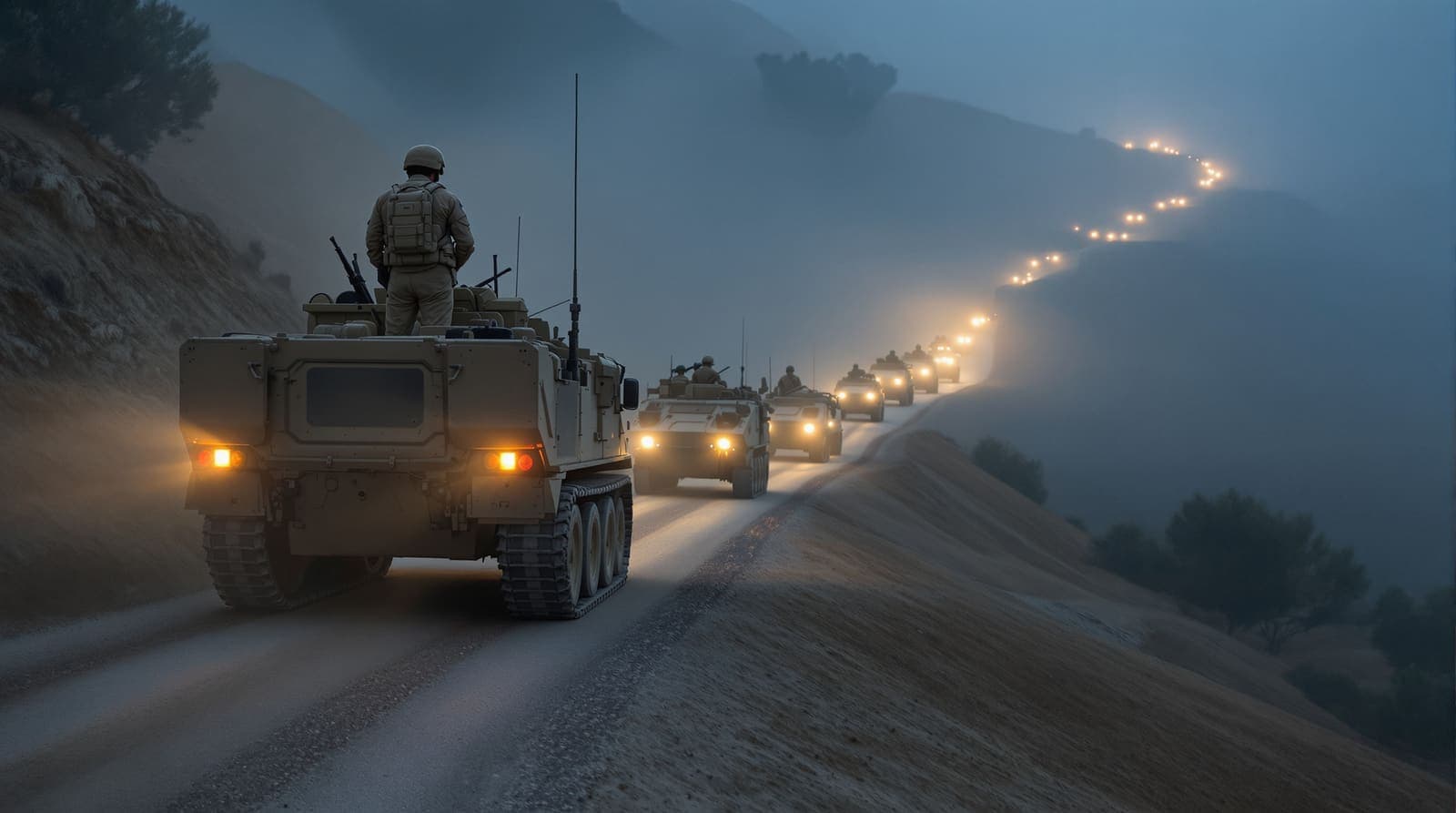 Illustration of armored personnel carriers halted on a misty hillside road near Jenin at dawn, a soldier seen from behind.