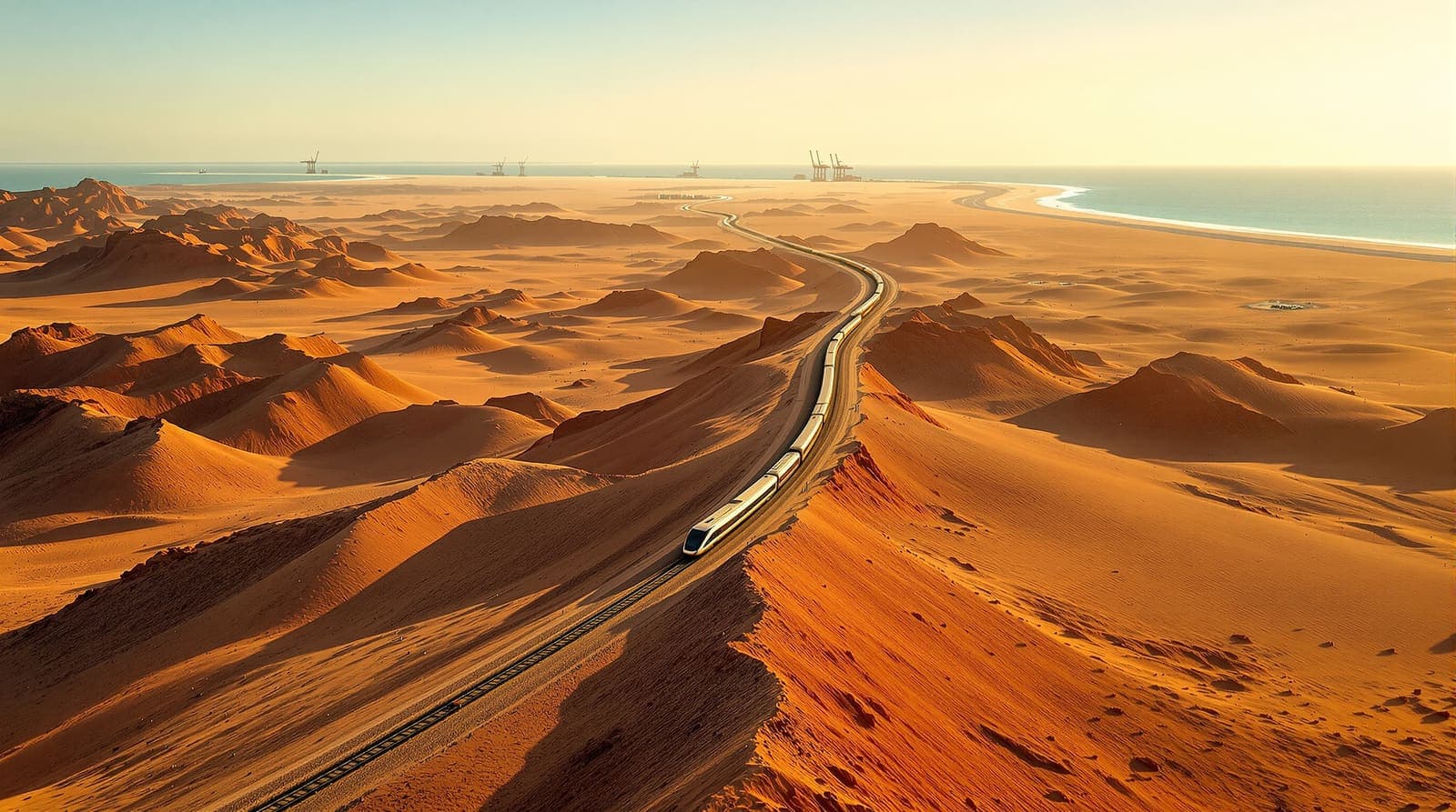 Illustration of a passenger train crossing a red Negev desert landscape toward the distant Red Sea and silhouetted port cranes.