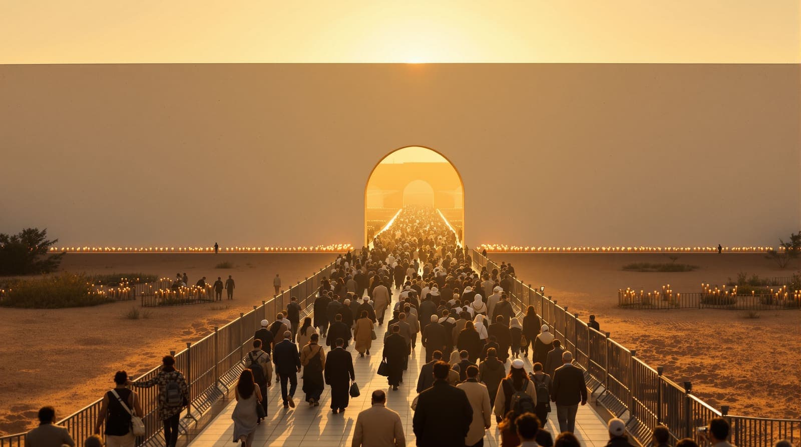 Illustration of a large crowd of pilgrims streaming between barriers toward the arched gateway of a whitewashed compound at golden hour, representing the tens of thousands expected at the Baba Sali hillula in Netivot.
