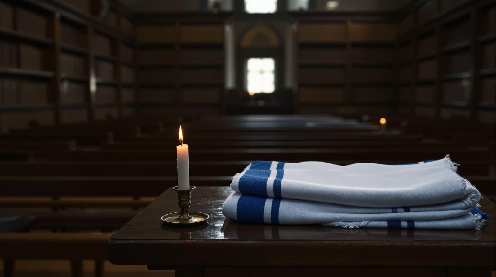 Illustration of a memorial candle and a folded prayer shawl on a lectern in an empty study hall at dawn.