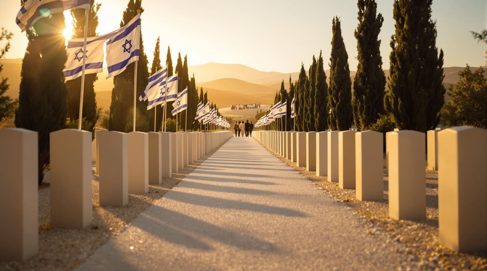 Illustration of a Negev cemetery path lined with Israeli flags and plain pale stone markers at golden hour, with distant silhouetted mourners.