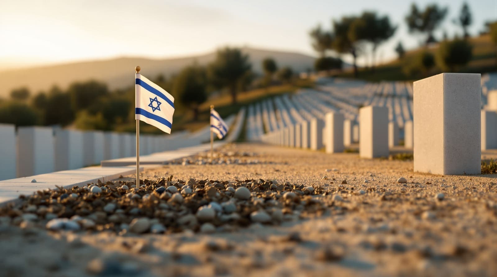Illustration of two small Israeli flags beside a freshly tended cemetery plot, rows of stone markers blurred in warm haze behind.
