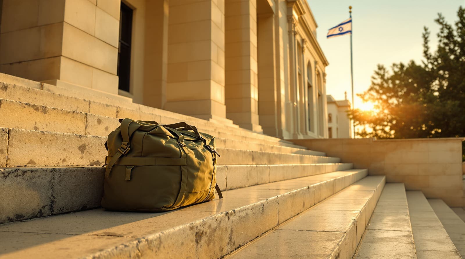 Illustration of an army duffel bag and combat boots on the limestone steps of a government building beneath an Israeli flag.