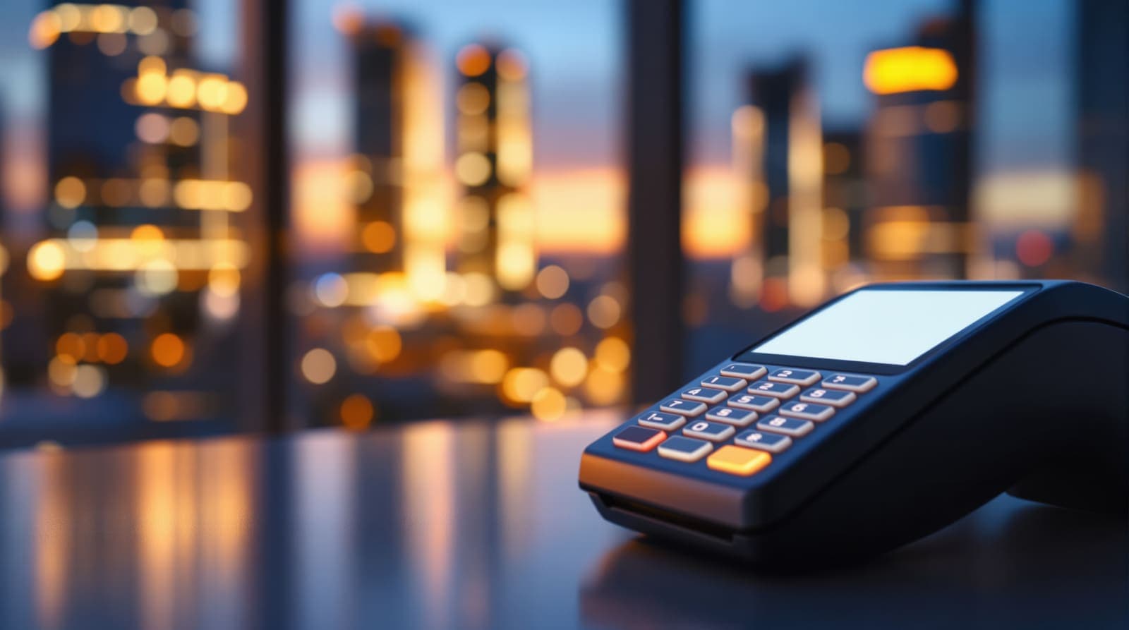 Illustration of a blank payment card tapped on a card terminal with glowing light streams and Tel Aviv towers blurred in the background.