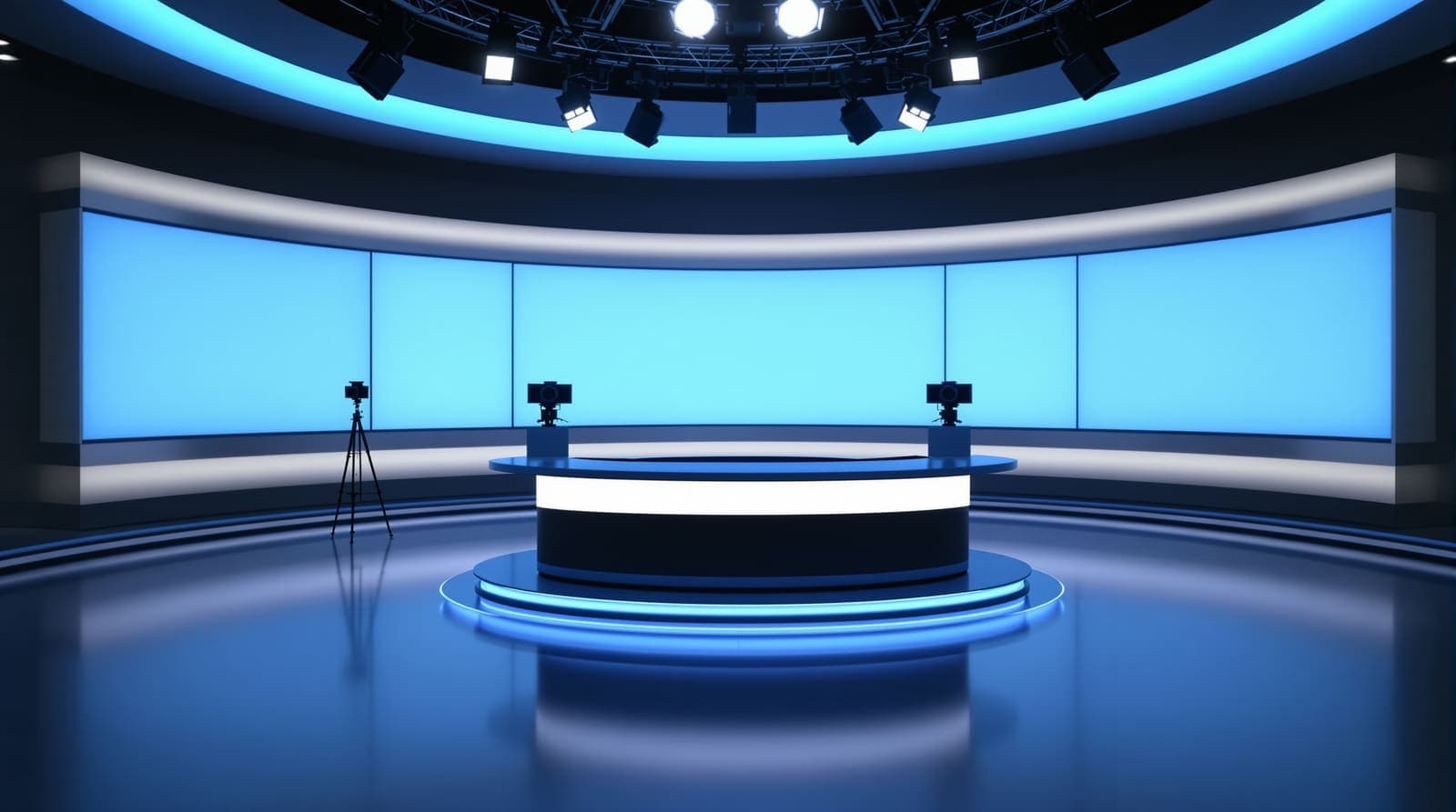 Illustration of an empty television news studio with an anchor desk, pedestal cameras and blank blue display panels.