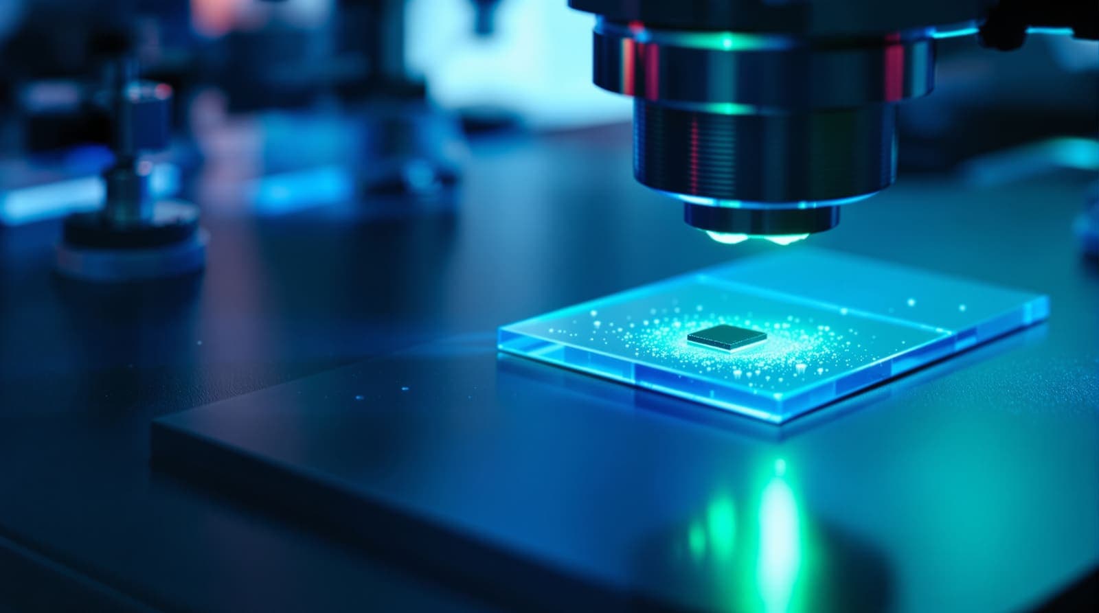 Illustration of a laser beam illuminating a tiny dark material flake under a microscope objective in an optics laboratory.