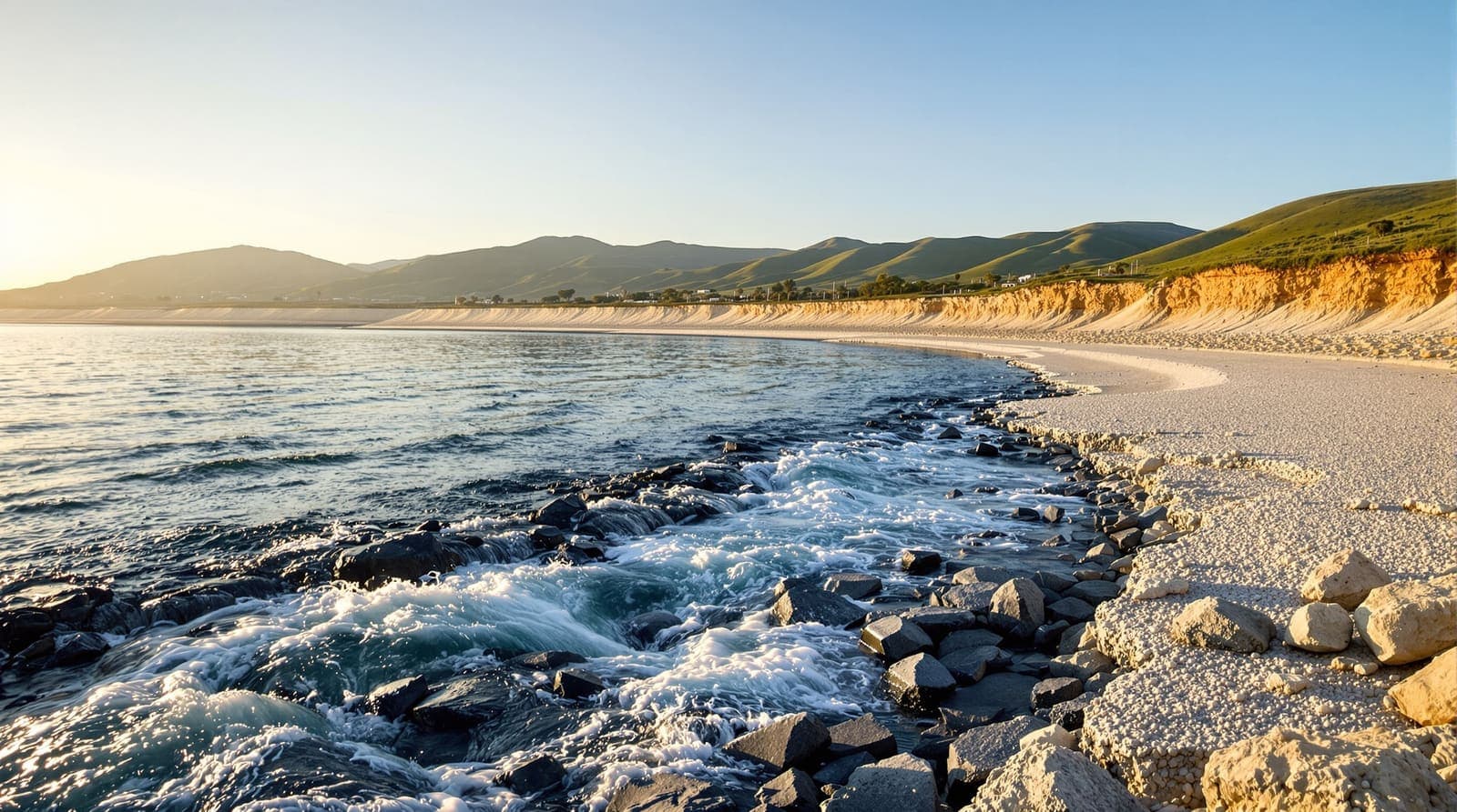 Illustration of the Jordan River flowing into the Sea of Galilee past a wide band of exposed shoreline at golden hour.