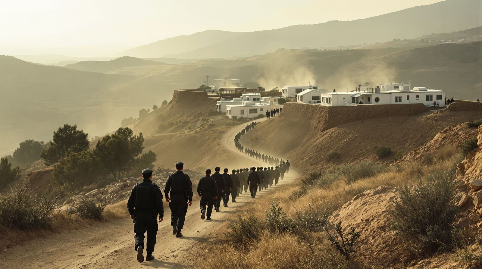 Illustration of a column of officers walking up a dirt track toward a hilltop outpost of white caravans.