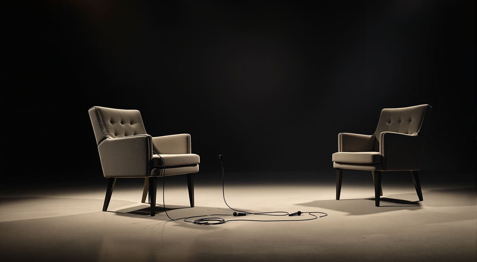 Illustration of an empty TV studio chair with a discarded lapel microphone under warm studio spotlights.