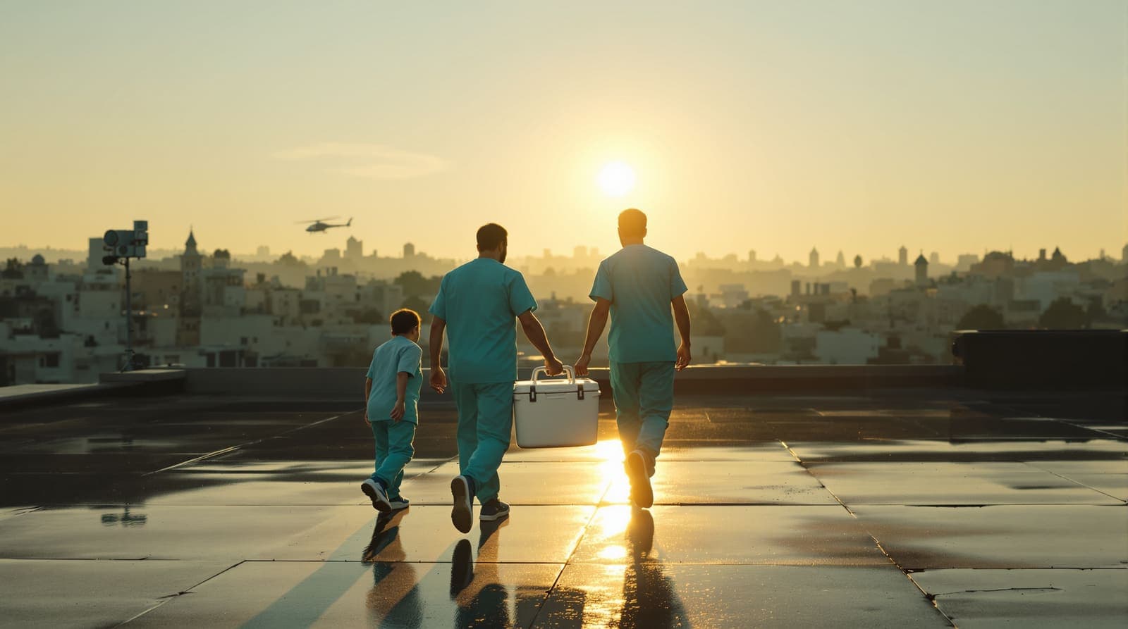 Illustration of two medics carrying a white medical transport cooler across a hospital rooftop at dawn, a helicopter distant in the sky.