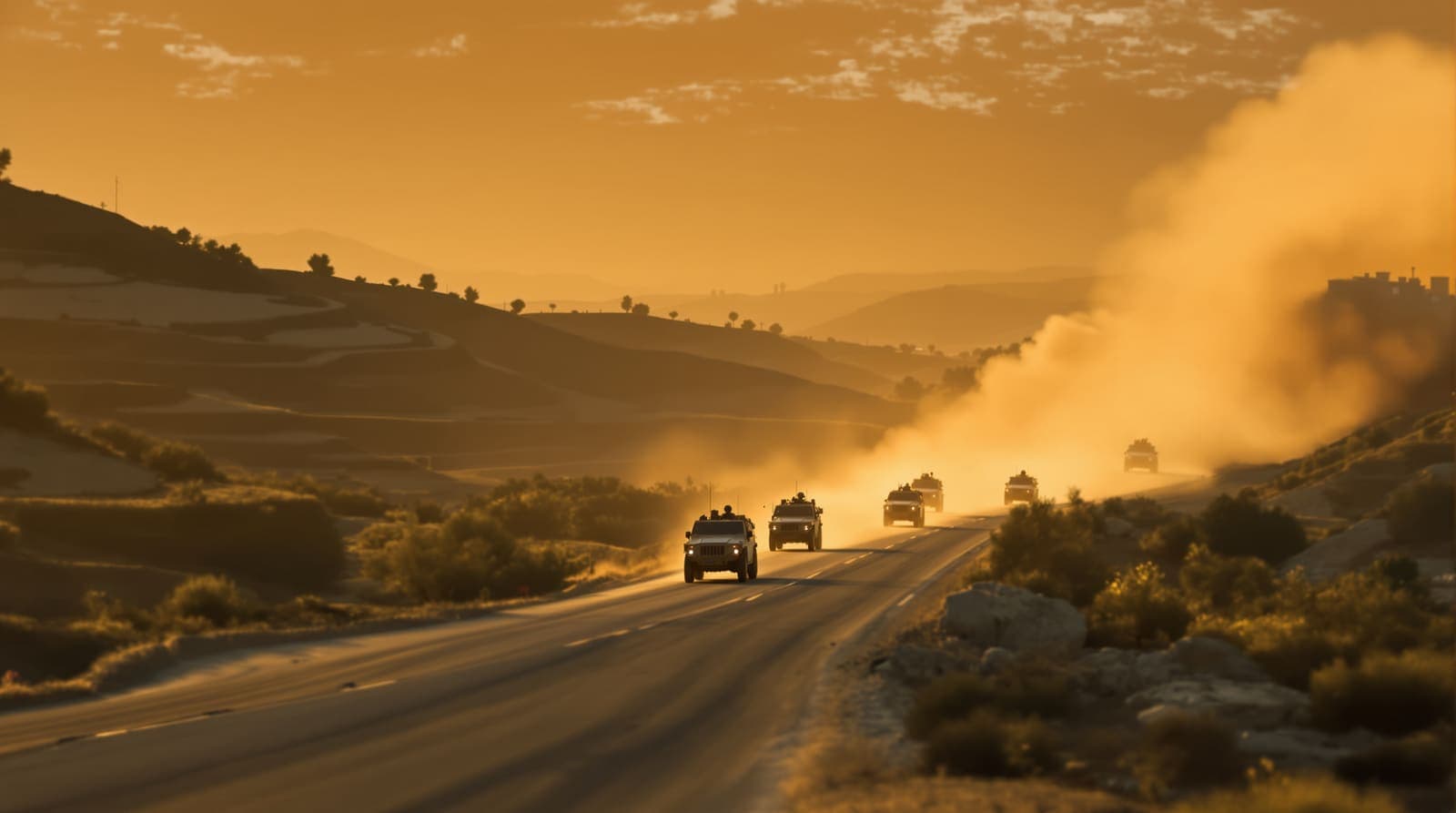 Illustration of a distant convoy of jeeps seen side-on, veiled in their own dust, on a winding road through terraced hills toward a hilltop town at dawn.