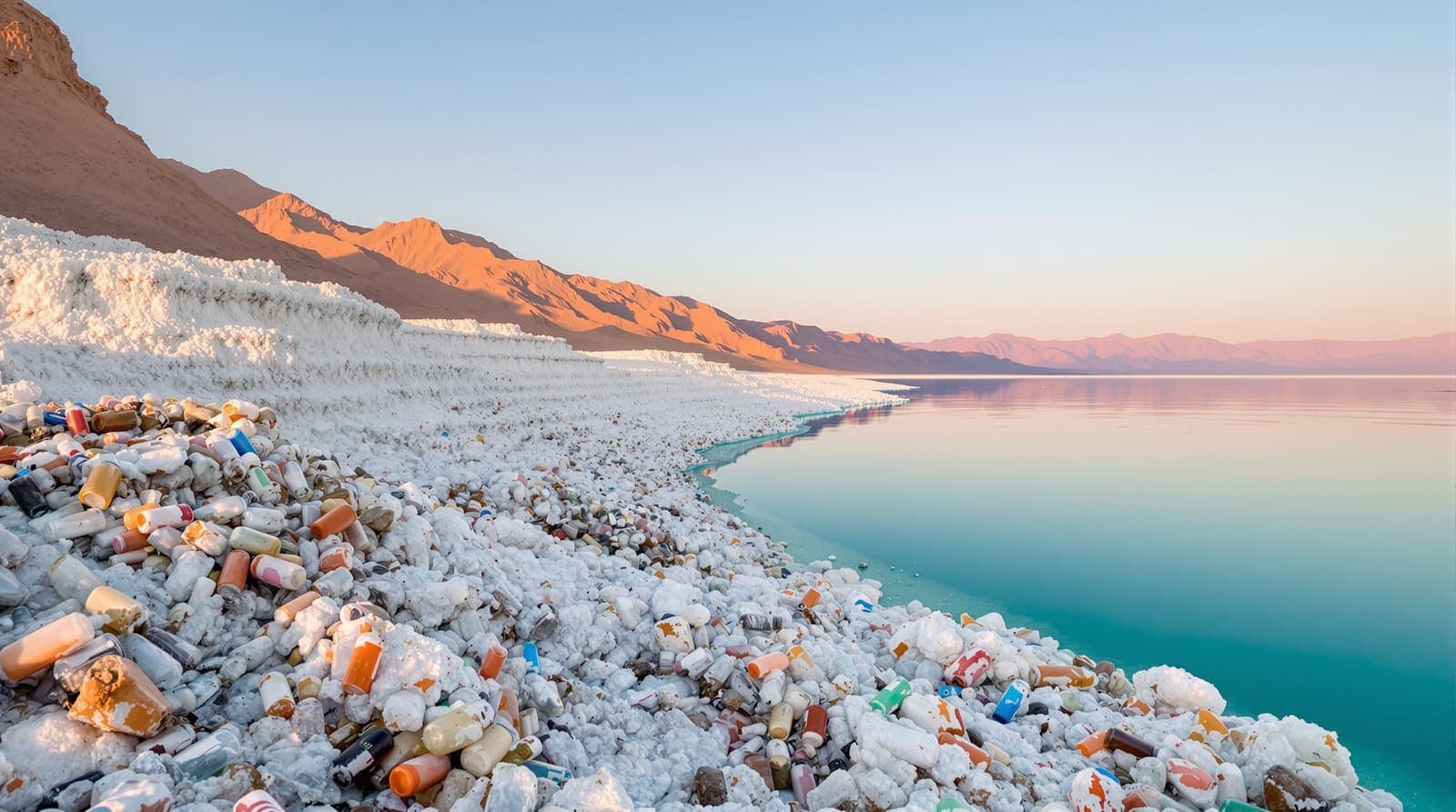 Illustration of salt terraces on the Dead Sea shore with weathered plastic bottles and fragments embedded in the crust.